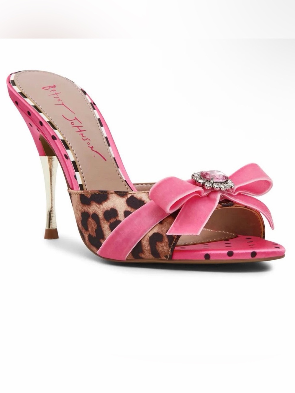 Vintage Betsey Johnson Y2K Pink Leopard Bow Rhinestone Stiletto Mule Heels NIB